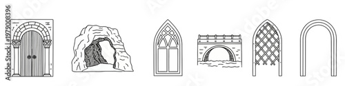 Set of unique hand drawn arch and gateway designs, featuring doors, windows, bridges, and cave openings, perfect for historical, nature, or fantasy themed projects