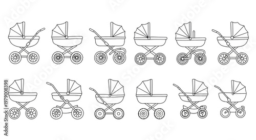 Outline collection of baby strollers in various styles, suitable for child care themes, infant product catalogs, and familyoriented graphic designs.