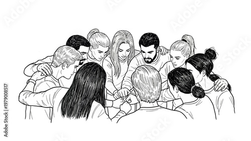 Diverse young adults in a close huddle with hands together, representing strong teamwork, unity, and support. Ideal for concepts of community, collaboration, and motivation.