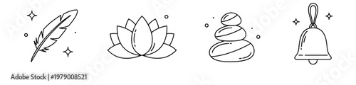 Line art icons featuring spiritual and wellness symbols like feather, lotus, zen stones, and bell, ideal for mindfulness and tranquility themed projects.
