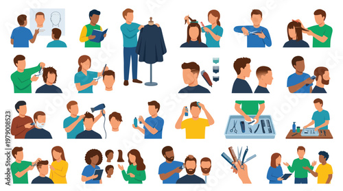Flat Design Hairdressing and Barber Shop Services Vector Illustrations Set