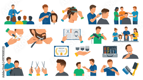 Barber Hairdressing Salon Flat Vector Illustration Set: Haircut, Shaving, Styling, Training