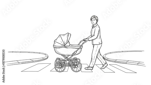 Woman pushing a baby stroller across a zebra crossing. Depicts daily life, urban mobility, and pedestrian safety, ideal for parenting, community, and travel topics.