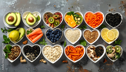 A vibrant flat lay showcases a variety of healthy foods arranged in heart-shaped bowls.