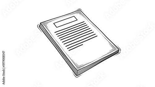 A simple black and white sketch of a stack of documents with text lines and a title box, ideal for illustrating concepts of paperwork, reports, learning, or administrative tasks.