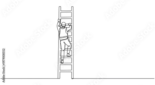 Continuous line art of a worker climbing a ladder, representing progress, hard work, and upward mobility, ideal for business and motivation themes.