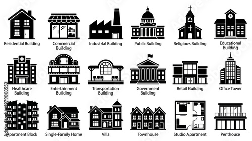Diverse collection of building and housing icons, including residential, public, and industrial structures, suitable for architectural, urban planning, or real estate design.