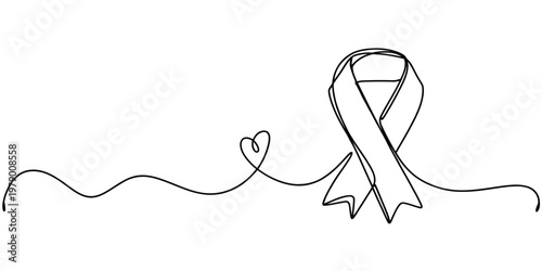 Simple continuous line drawing featuring an awareness ribbon intertwined with a heart, symbolizing support, love, and unity for health causes and charitable campaigns.