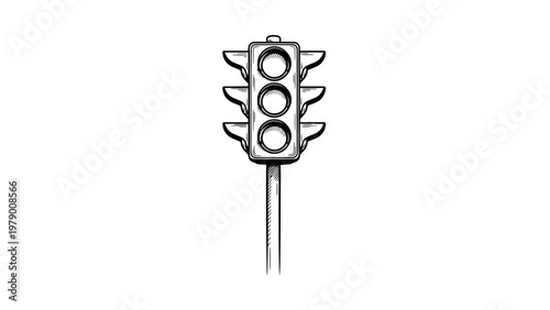 Black and white sketch of a classic traffic light with three lamps and shades, depicting road control, guidance, and safety in an urban setting.