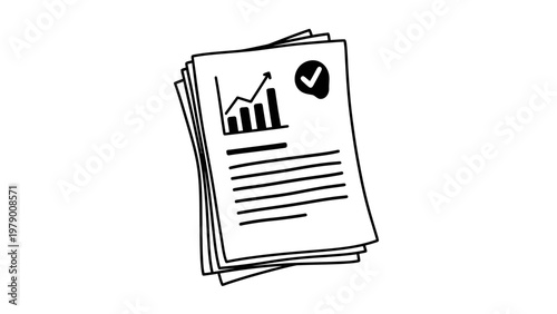 Stack of papers with an ascending bar graph, a checkmark, and text, symbolizing business growth, successful reporting, and achievement tracking for financial and project tasks.
