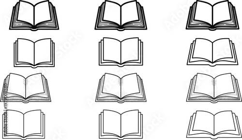 Open Book Icons Set with Detailed Page Illustrations for Education, Reading, and Study