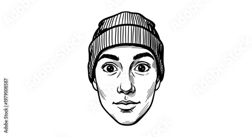 Handdrawn style black and white line drawing of a youthful human head wearing a beanie, featuring expressive eyes, ideal for character design and communication visuals.