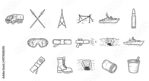 Diverse line art collection of military and combat equipment including trucks, spears, ships, ammunition, and survival gear, perfect for games and educational graphics.