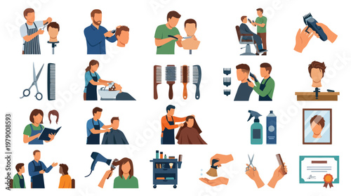 Hairdressing Barber Shop Flat Design Vector Illustrations Set: Salon  Grooming Icons
