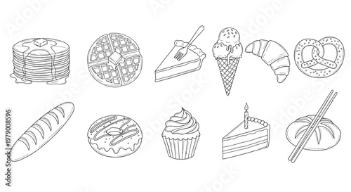 Handdrawn outline set of various popular bakery, breakfast, and dessert items including pancakes, waffle, cake, donut, croissant, ice cream, and bread.
