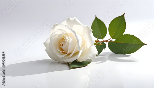 A pristine white rose rests gracefully on a reflective surface, its delicate petals and vibrant green leaves creating a serene and elegant composition.