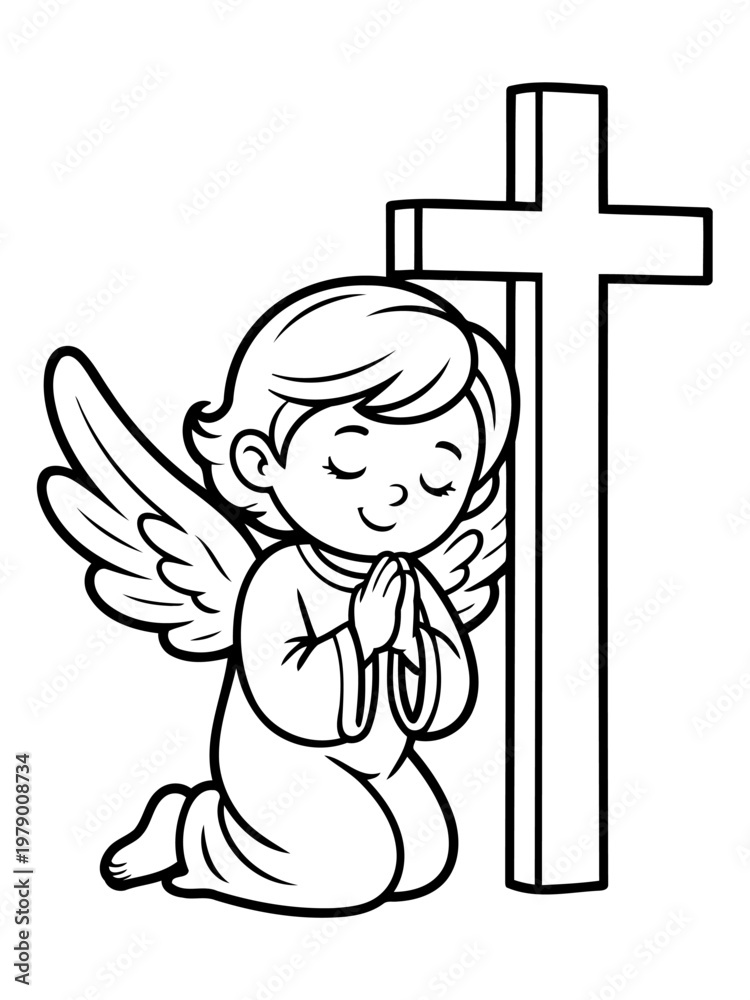 Fototapeta premium Divine Messenger and the Sacred Cross: A serene illustration features a sweet angel kneeling in prayer beside a symbolic cross, embodying faith and reverence. 