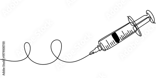 One continuous line drawing of a syringe with a fluid trail, symbolizing medicine, vaccination, and healthcare. Ideal for educational and promotional content.