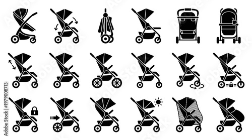 Set of black and white baby stroller icons illustrating folding, reclining, safety locks, and accessories for user manuals or childcare apps.