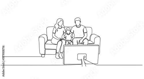 A line drawing of a mother, father, and their child sitting on a couch, watching TV, symbolizing family bonding and relaxation.