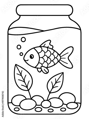 Fish in Jar Illustration: A charming, outlined illustration of a fish gracefully swimming in a glass jar, adorned with aquatic elements, showcasing a minimalist aesthetic and a touch of serenity.
