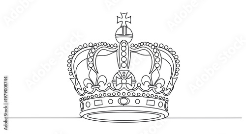 Elegant royal crown in a continuous line drawing style, symbolizing monarchy, power, and leadership for various graphic design applications.