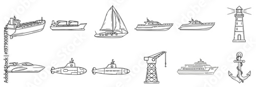 Assortment of sea transportation vessels, port structures, and nautical elements drawn in outline style, ideal for maritime projects, educational content, or travelrelated graphics.