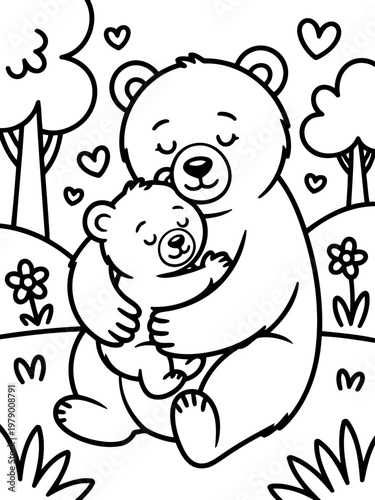 Mother Bear and Cub's Embrace: Tender moment captured as a mother bear cradles her cub in a loving embrace, hearts float above them, symbolizing affection and warmth amidst the gentle nature setting.