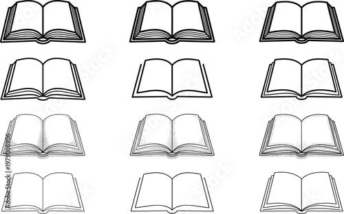 Open Book Icons Set, Various Styles of Book Illustrations for Education, Reading, and Knowledge