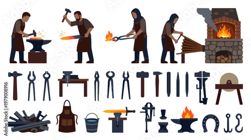 Blacksmithing Metalworking Tools and Process Flat Vector Illustration Set