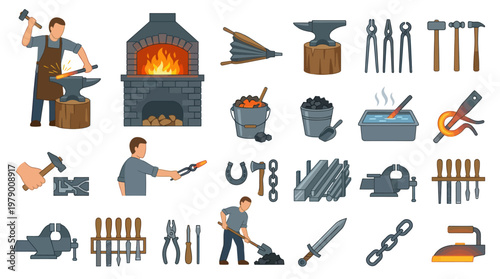 Blacksmithing Metalworking Forging Craft Flat Vector Icon Set with Tools, Equipment  Workers