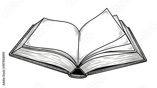 Hand drawn open book with blank pages, perfect for educational content, literary themes, and designs symbolizing knowledge, learning, and storytelling.