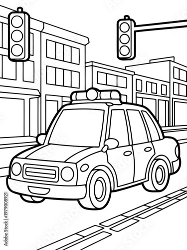 City patrol: An illustrated black and white police car navigates a vibrant city street scene, capturing the essence of urban safety and order.