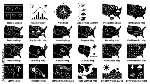 Weather forecasting and meteorological data icons plus climate maps providing crucial visual assets for digital applications educational presentations and environmental information systems