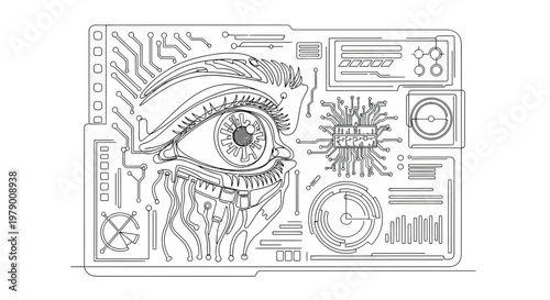 A futuristic bionic human eye interconnected with electronic circuits and digital data displays, symbolizing artificial intelligence, cybernetics, and advanced technological vision.