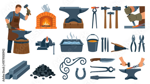 Flat Vector Blacksmith Tools Set: Anvil, Hammer, Furnace  Metalwork Equipment Collection