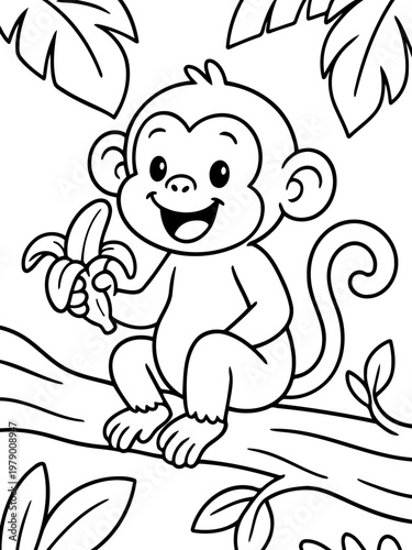 Joyful Monkey and Banana: An adorable monkey happily holds a ripe banana while perched on a tree branch, creating a playful scene.