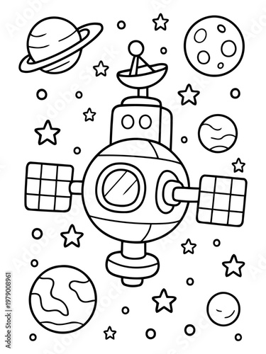 Cosmic Explorer: An illustration of a spacecraft navigates through a star-studded expanse, accompanied by celestial bodies, planets, and moons, a celebration of space exploration.