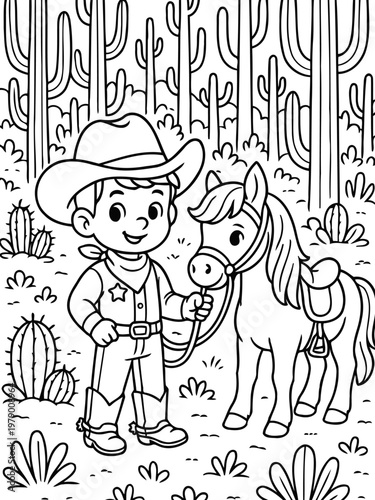 Little Cowboy and Pony in Desert: A charming young cowboy stands beside his faithful pony, against a backdrop of majestic cacti in the arid desert landscape, ready for adventure.