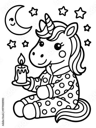 Magical Unicorn's Nighttime Serenity: An enchanting unicorn, adorned in whimsical pajamas, sits calmly beneath the night sky, holding a candle that casts a warm glow, evoking feelings of peace.