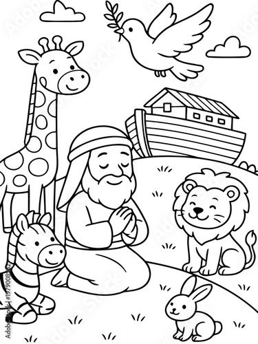 Noah's Ark: A black-and-white illustration captures the biblical story of Noah's Ark, with the animals. A peaceful scene unfolds, where a dove carries an olive branch, symbolizing hope.