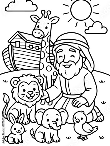 Noah's Ark and Animal Friends: A heartwarming illustration of Noah with various animal friends and his ark, symbolizing faith and protection, all under a bright sun. 
