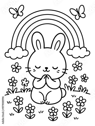 Cheerful Bunny and Rainbow: A darling cartoon bunny meditates beneath a vibrant rainbow, evoking feelings of joy and peace. The scene is brimming with flowers and butterflies.