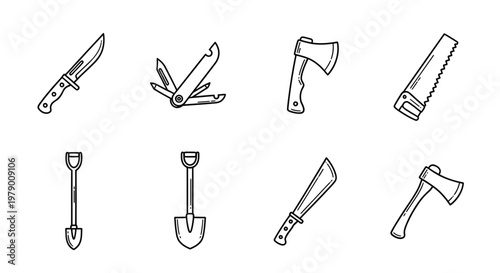 Handdrawn outline set of outdoor tools including knife, multitool, axes, saw, shovels, and machete, ideal for camping, survival, and gardening themed graphics.