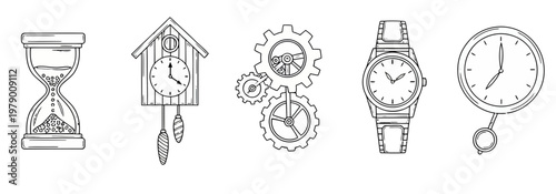 Line art collection of timerelated objects including hourglass, cuckoo clock, gears, wristwatch, and pocket watch, suitable for concepts of measurement and mechanics.