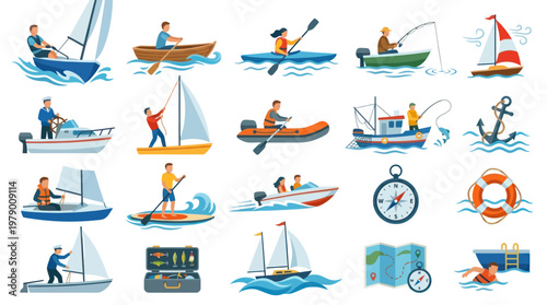 Water Sports and Boating Activities Flat Vector Illustration Set