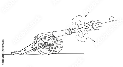 Single continuous line drawing of an antique cannon firing, with smoke and a projectile. Ideal for historical, military, or educational designs requiring warfare imagery.