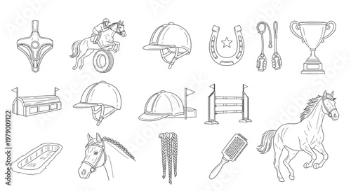 Outline collection of essential equestrian elements including horse and rider, helmets, horseshoe, obstacles, and grooming tools, suitable for various horse riding themes.