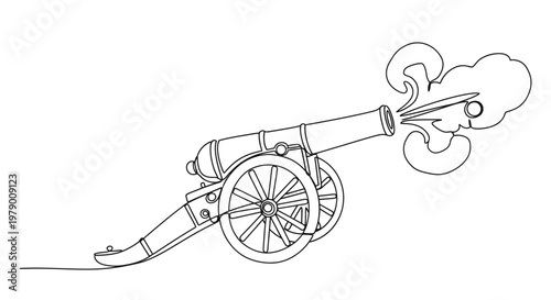 Continuous line drawing captures an antique cannon firing, with smoke and projectile, symbolizing power, history, and impact, ideal for history lessons or vintagethemed visuals.