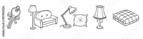Collection of doodle style household items like lamps, couch, pillow, key, and blanket for domestic lifestyle or interior design themes.